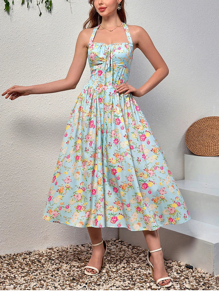 Halter Backless Pattern Pink Floral Dress