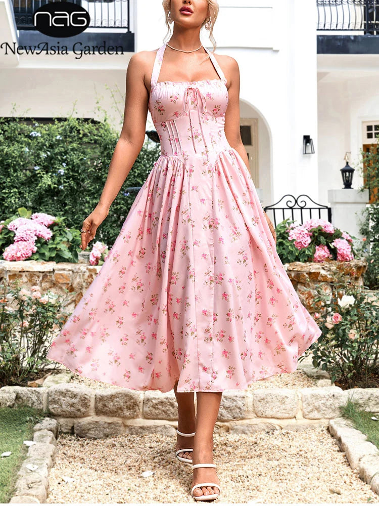 Halter Backless Pattern Pink Floral Dress