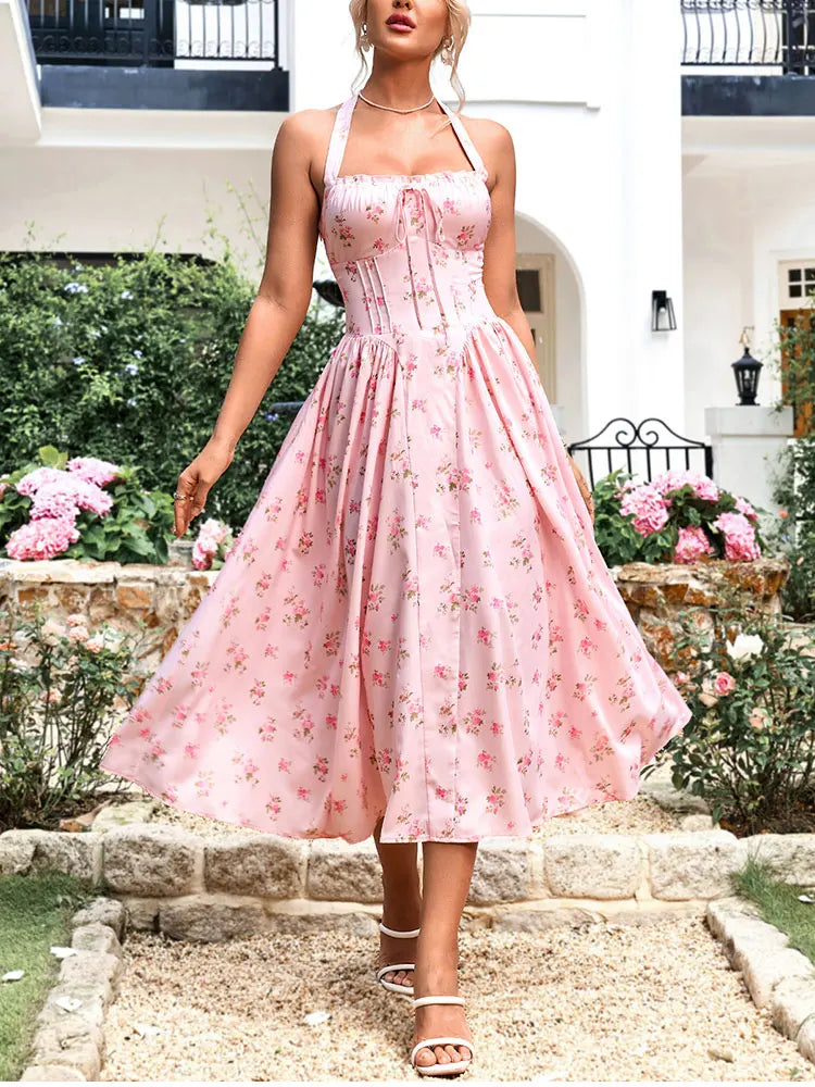 Halter Backless Pattern Pink Floral Dress