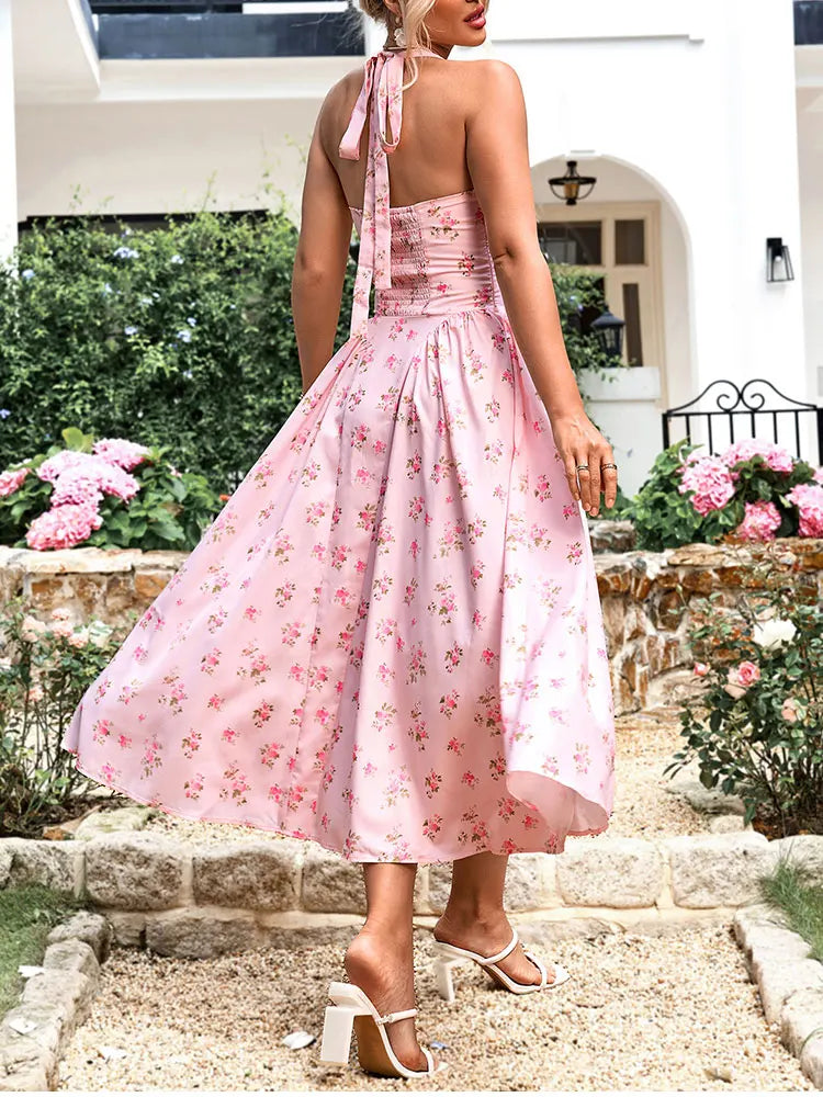 Halter Backless Pattern Pink Floral Dress