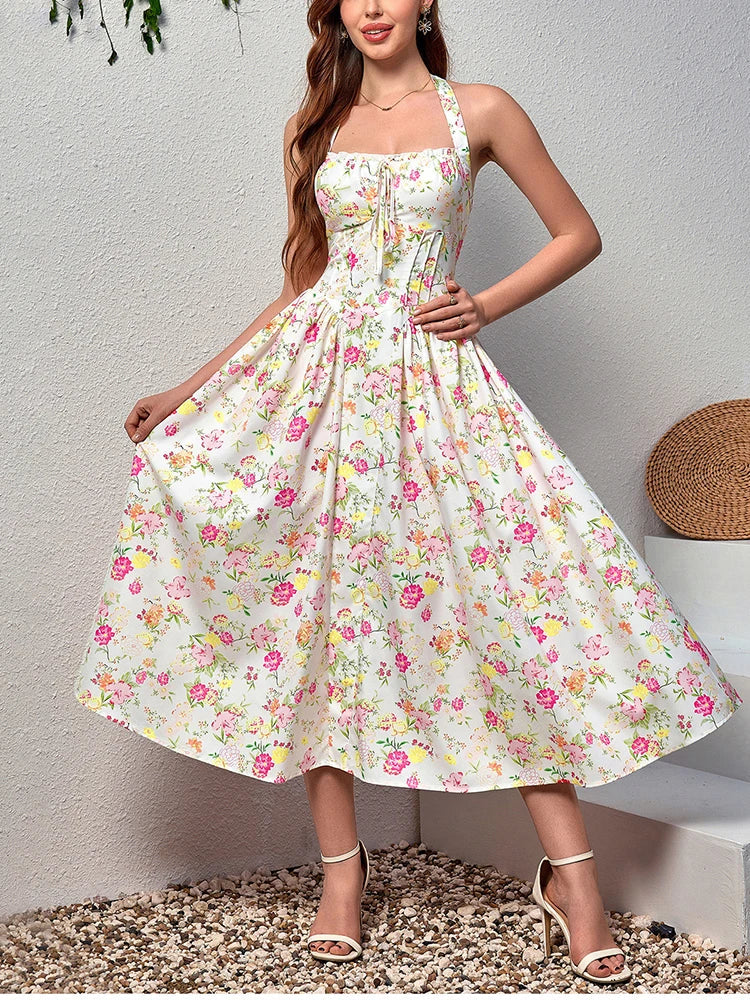 Halter Backless Pattern Pink Floral Dress