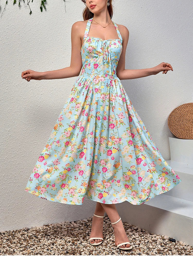 Halter Backless Pattern Pink Floral Dress