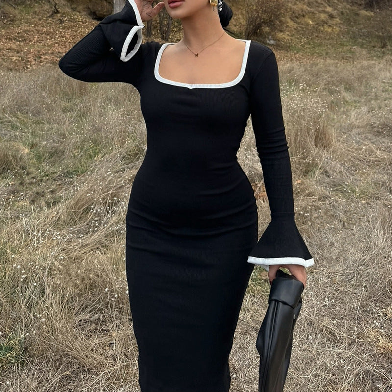 Square Neck Contrast Knit Bell Midi Dress