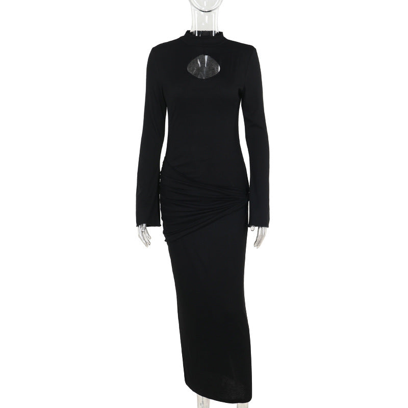 Knitted Cutout High Collar Slim Maxi Dress