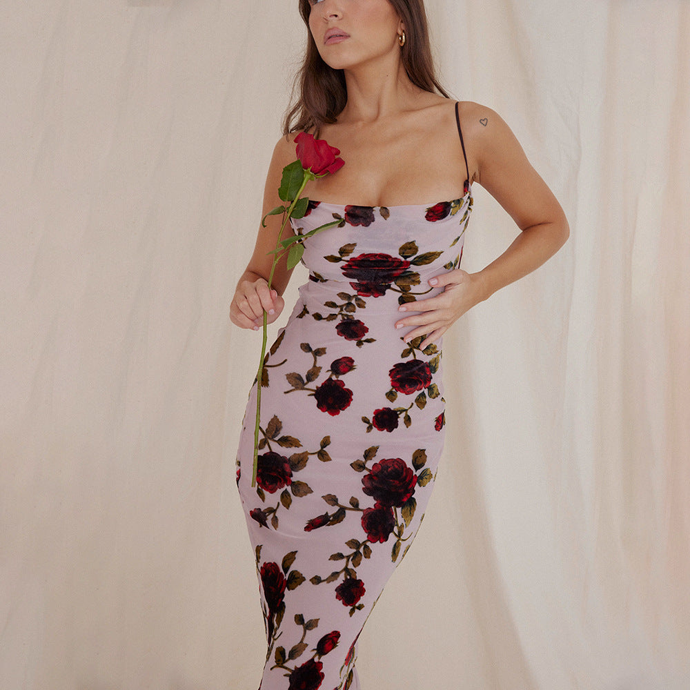 Floral Mesh Slip Backless Holiday Maxi Dress