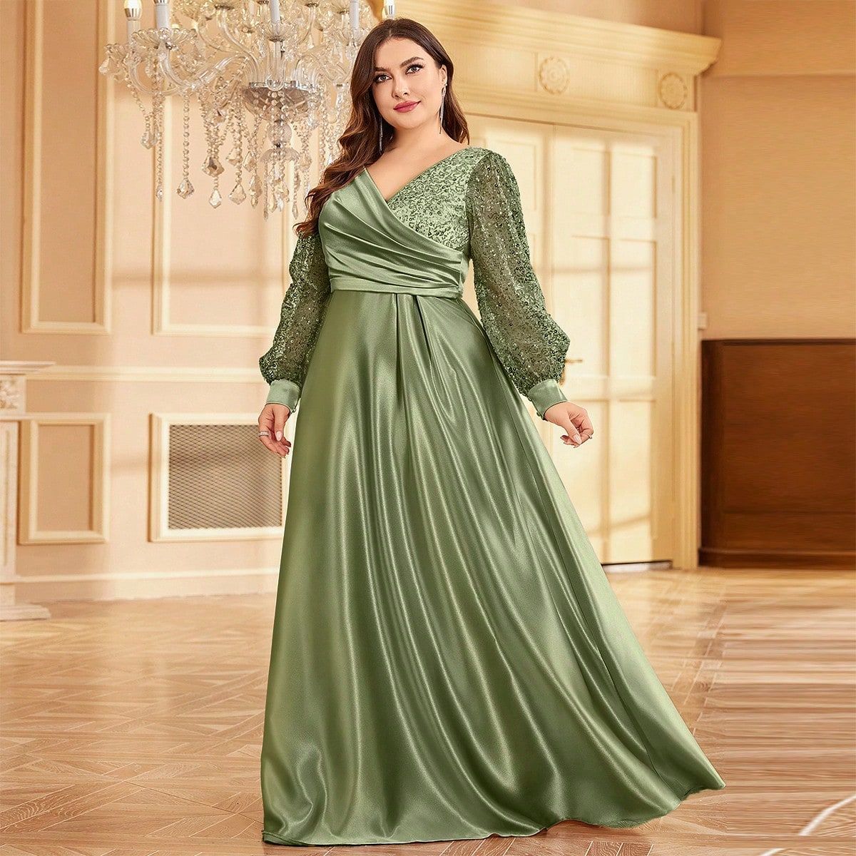 Satin V-Neck Slim Fit Sequin Maxi Dress