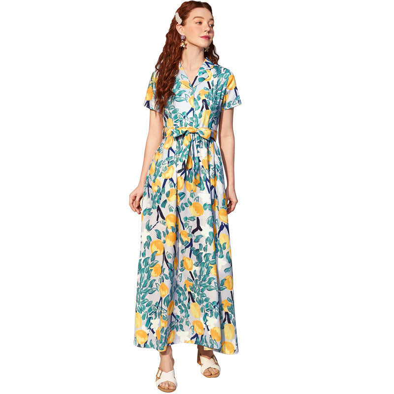 Printed Belted Sweet V-Neck Maxi Dress