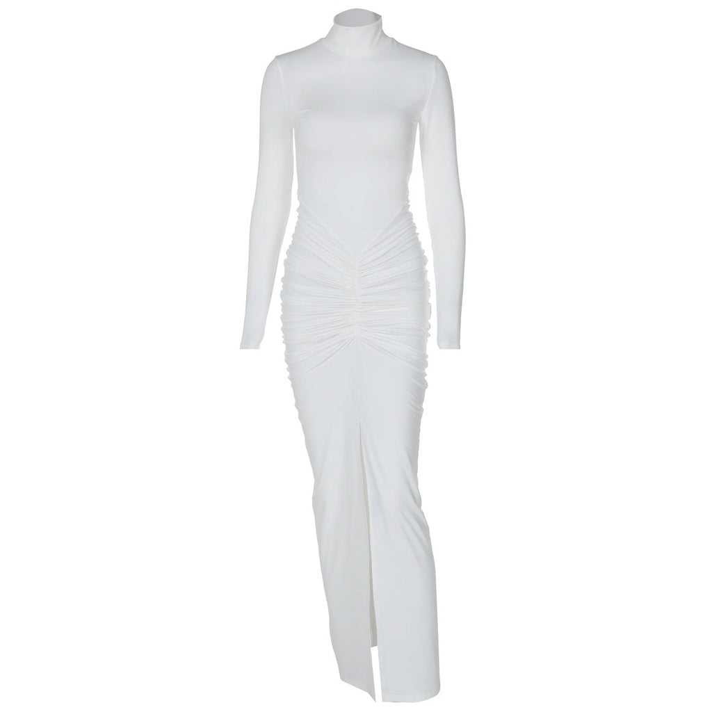 Folded Split Slim Fit Long Sleeve Maxi Dress