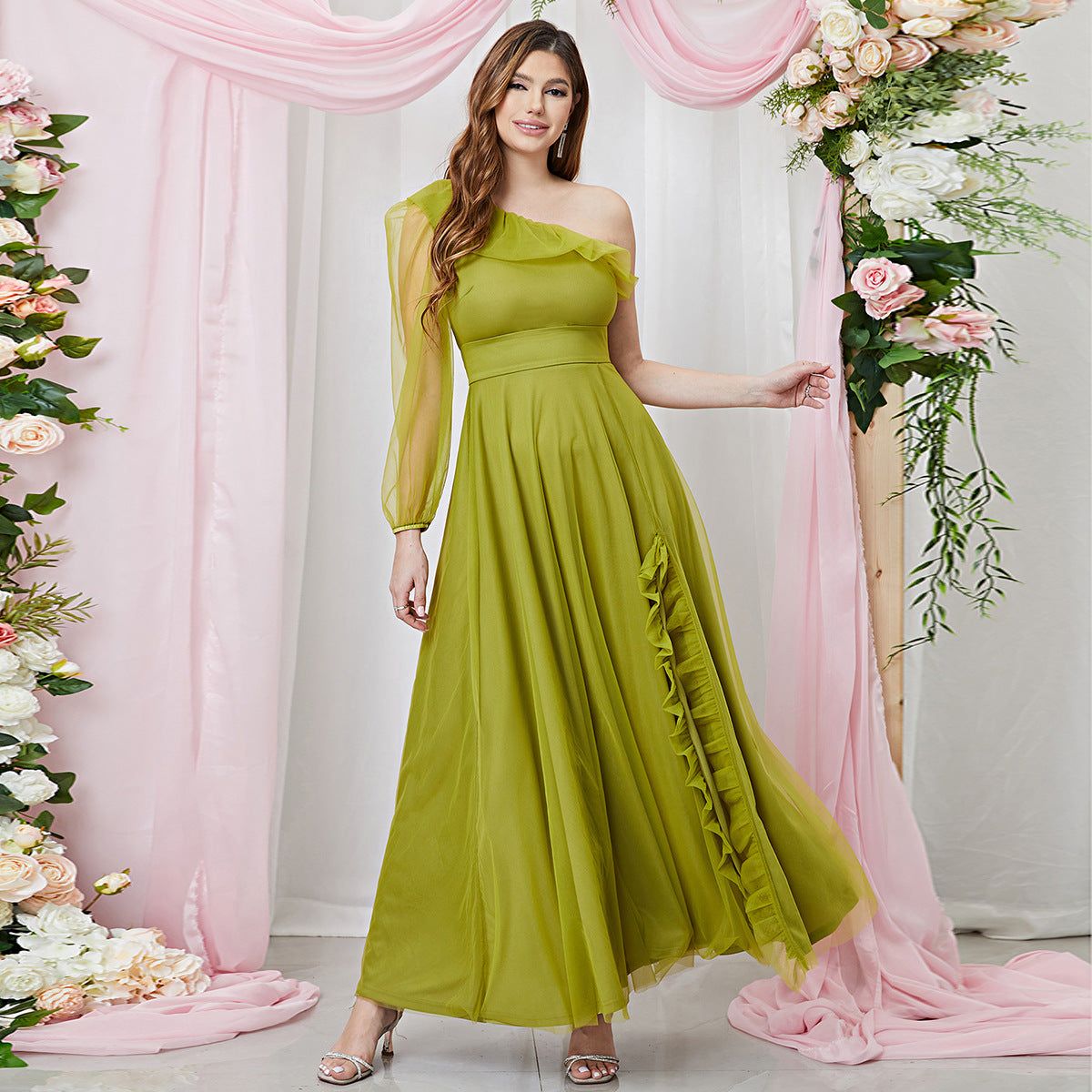Slant Shoulder High Slit Evening Maxi Dress