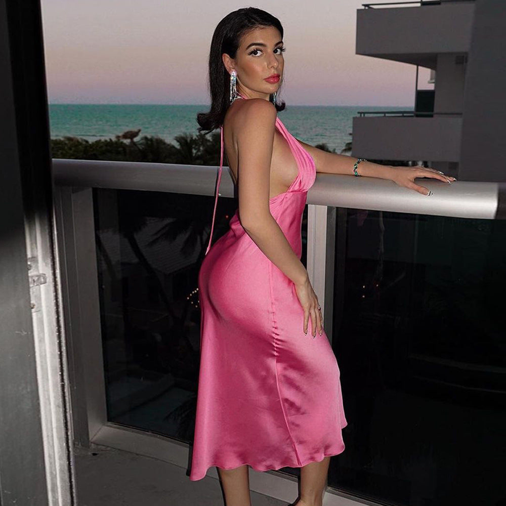 Pleated Sleeveless V Neck High Waist Midi Dress
