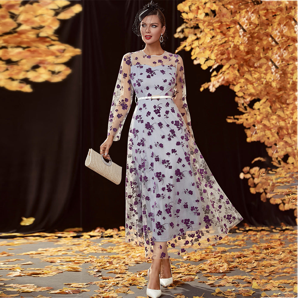 Lace High Waist Long Sleeve Swing Maxi Dress