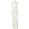 Solid Halter Backless Fitted Maxi Dress
