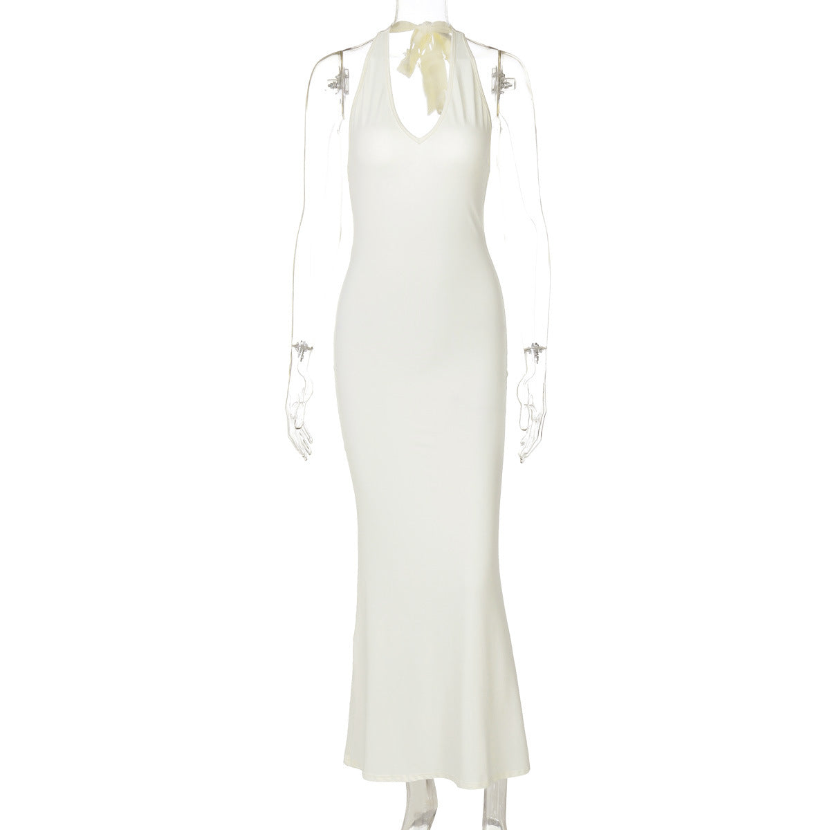 Solid Halter Backless Fitted Maxi Dress