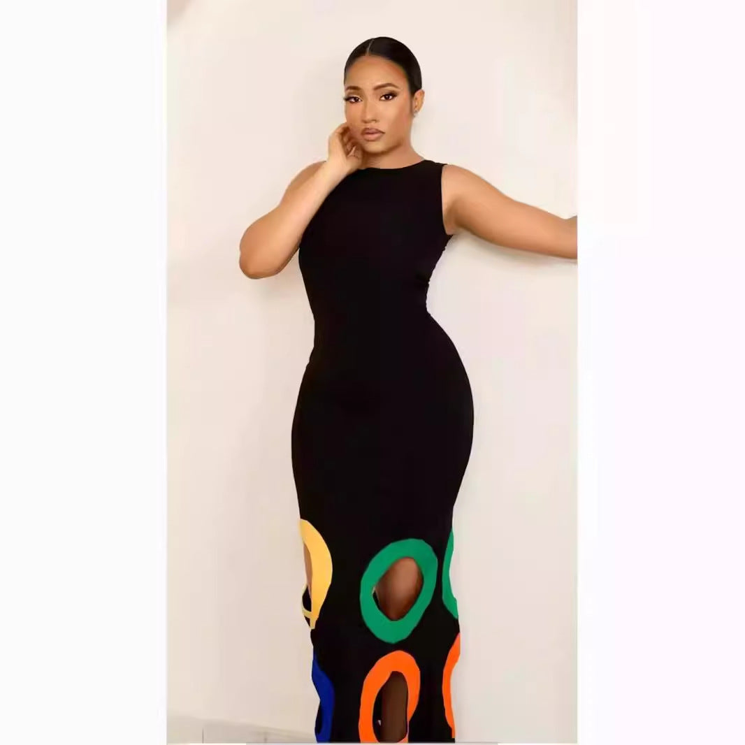 Color Block Embroidered Cutout A-Line Maxi Dress