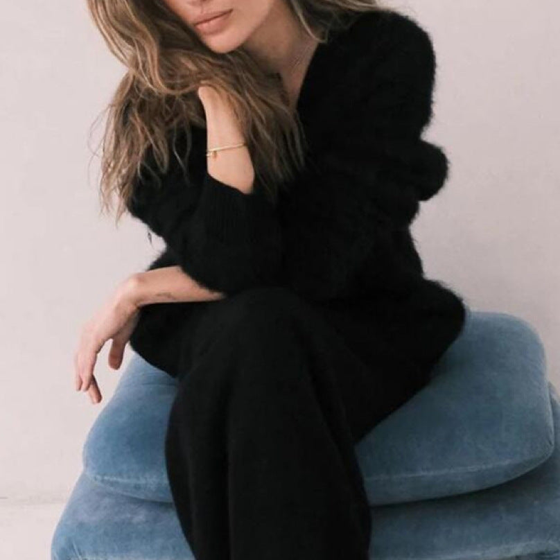 V-Neck Mink Yarn Knit Cardigan