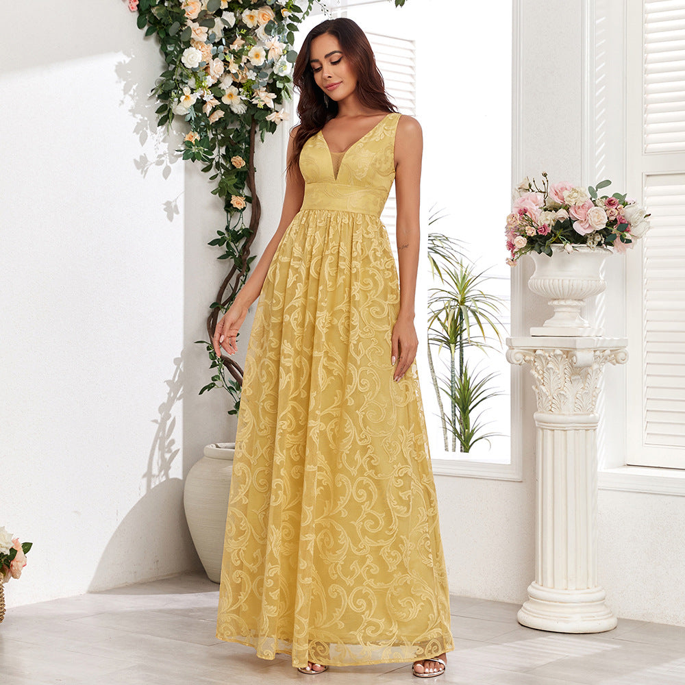 Double V Lace Pattern Swing Maxi Dress