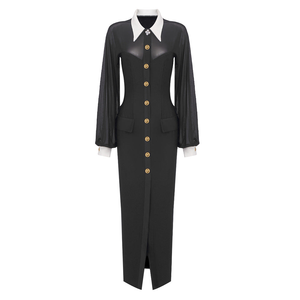 White Collar Mesh Buttoned Cardigan Maxi Dress