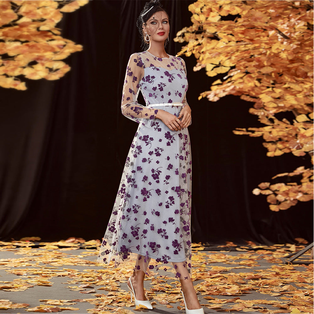 Lace High Waist Long Sleeve Swing Maxi Dress