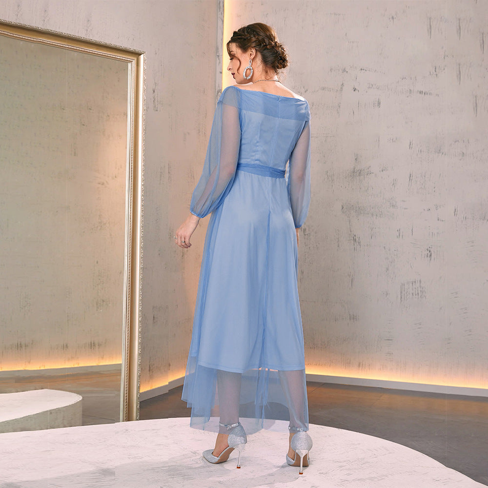 V-Neck High Waist Mesh Elegant Maxi Dress