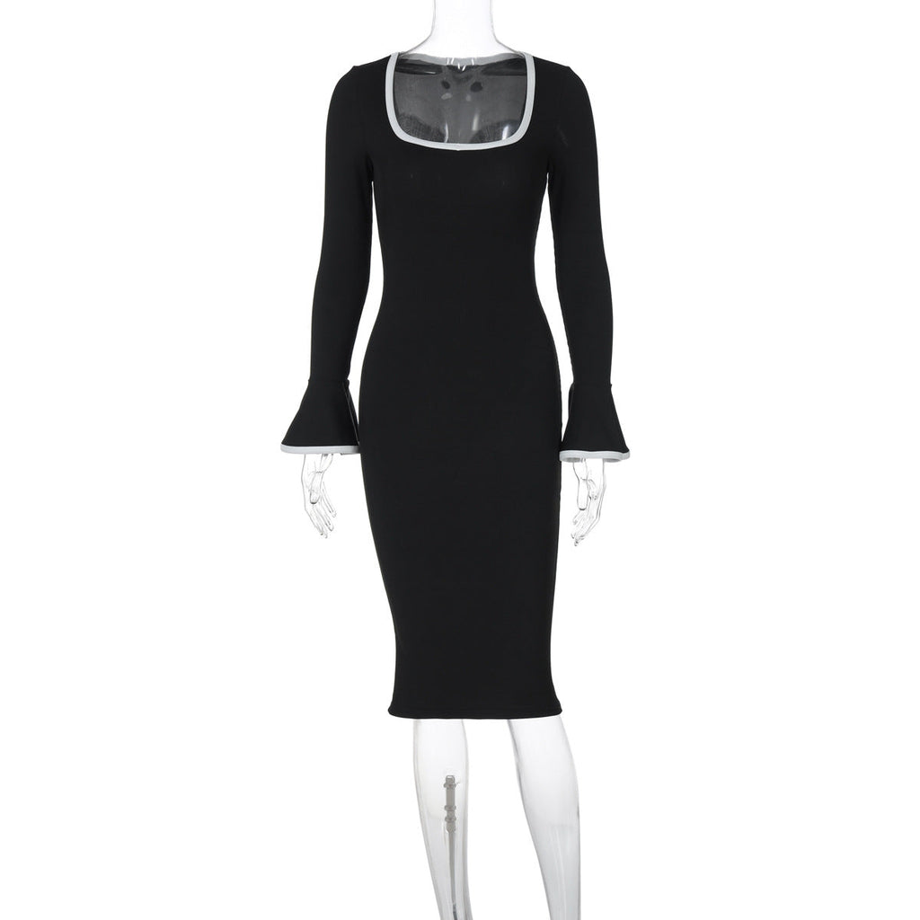 Square Neck Contrast Knit Bell Midi Dress