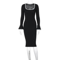Square Neck Contrast Knit Bell Midi Dress