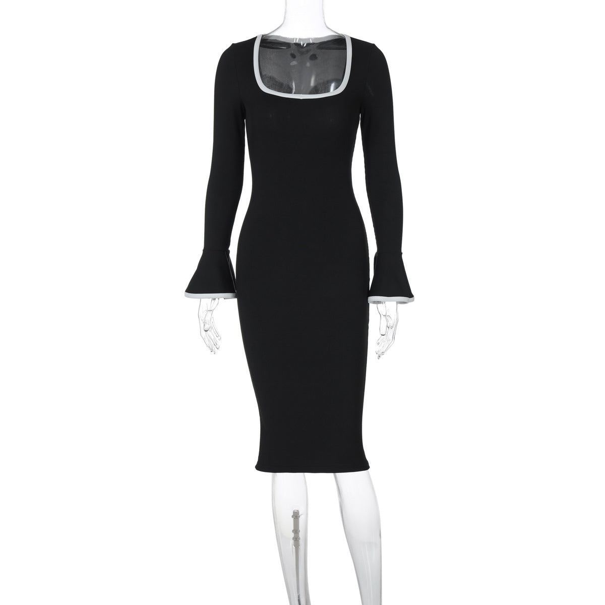 Square Neck Contrast Knit Bell Midi Dress