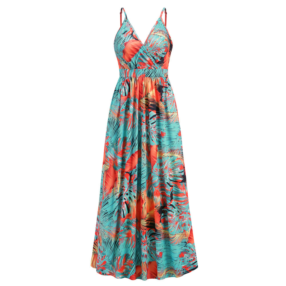Bohemian Printed V Neck Strap Maxi Dress