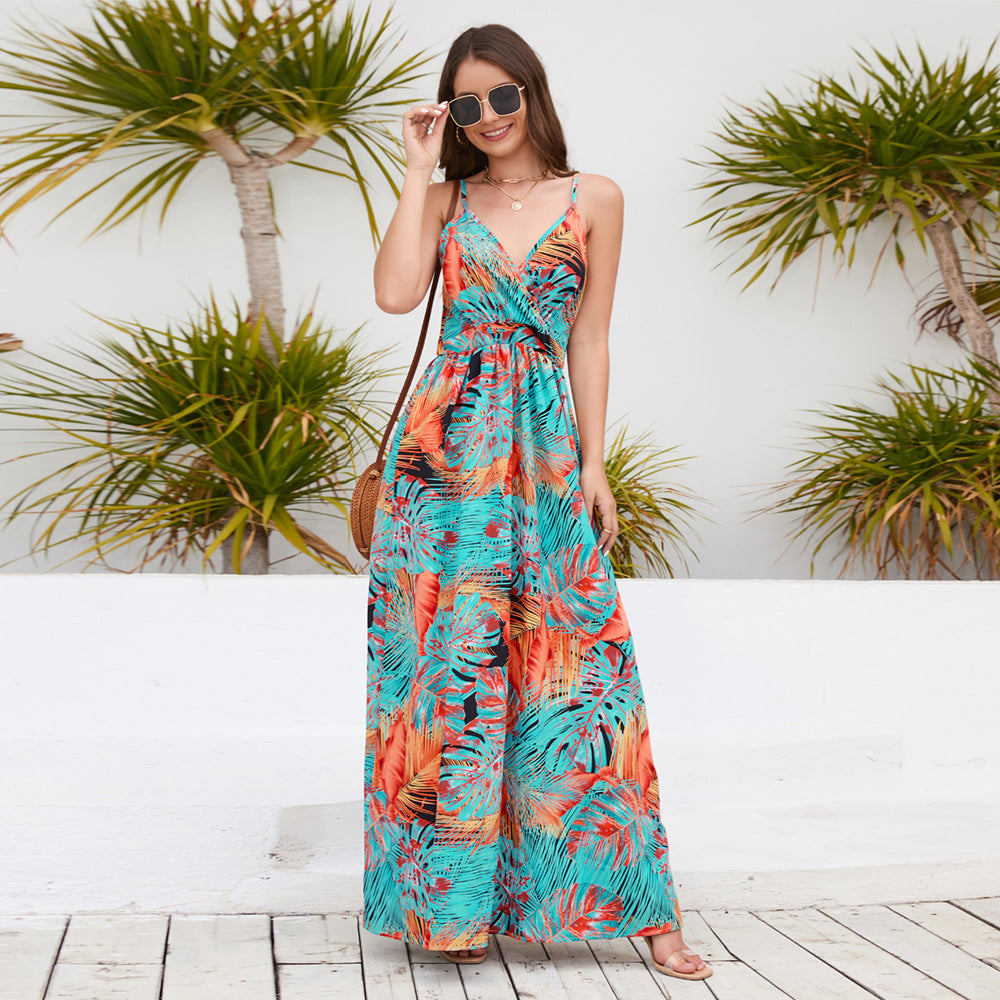 Bohemian Printed V Neck Strap Maxi Dress
