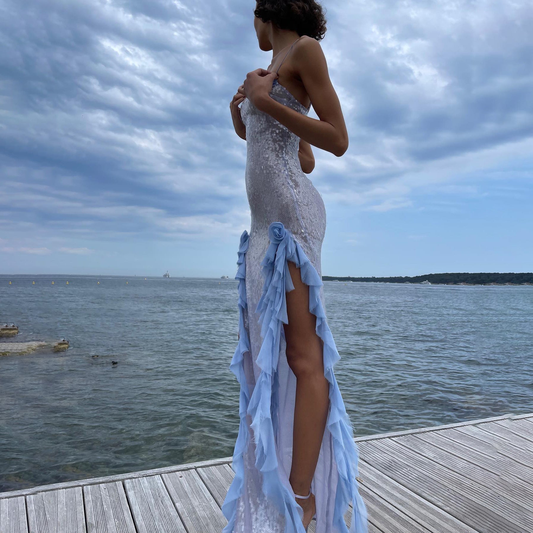 Sheer Sequin Floral Frayed Maxi Dress