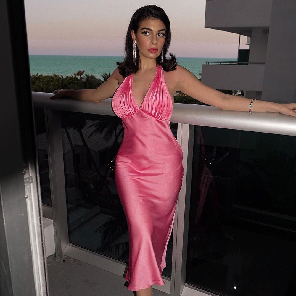 Pleated Sleeveless V Neck High Waist Midi Dress