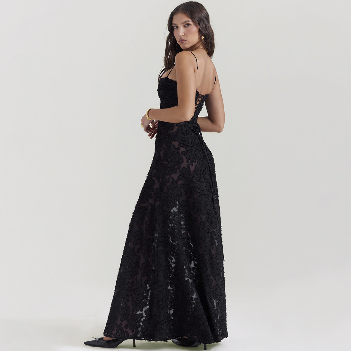 Black Sheer Backless Evening Maxi Dress