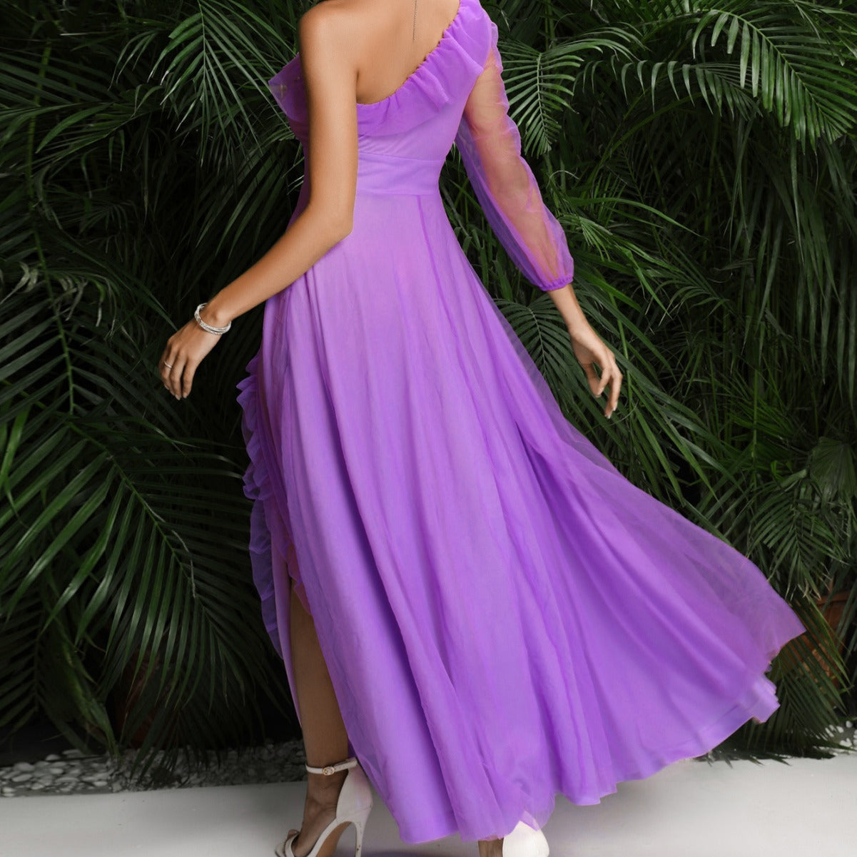 Slant Shoulder High Slit Evening Maxi Dress