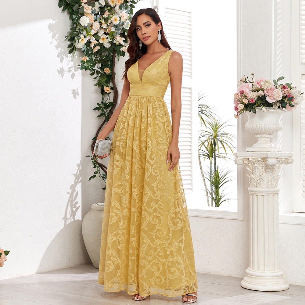 Double V Lace Pattern Swing Maxi Dress
