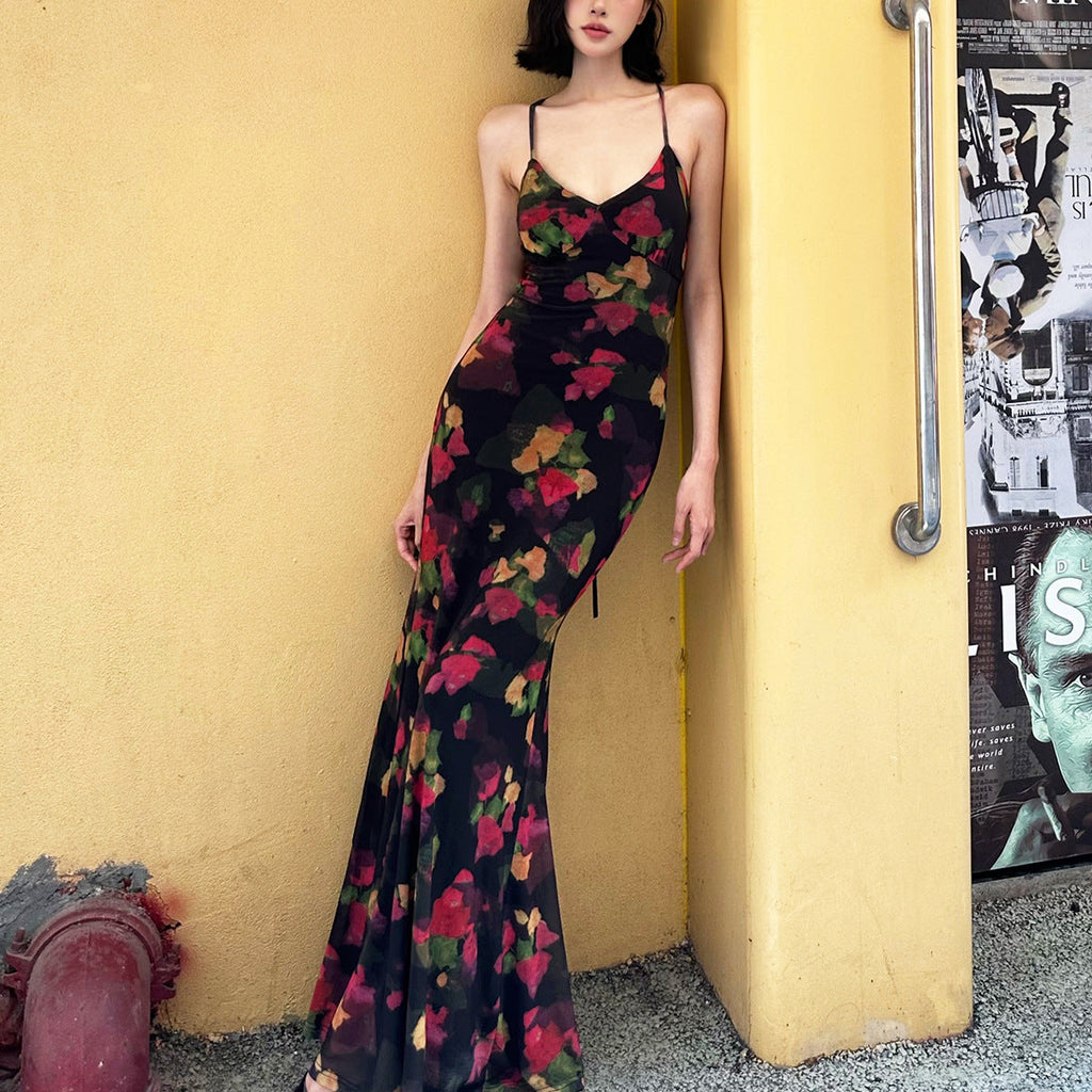 Colorful Floral Fitted Fishtail Maxi Dress