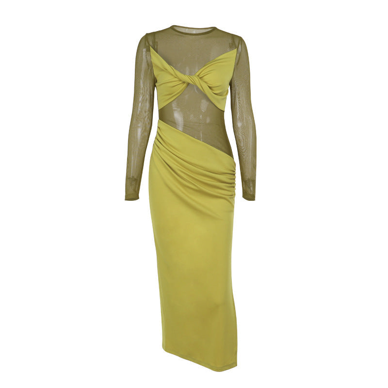 Sheer Mesh Stitch Long Sleeve Maxi Dress