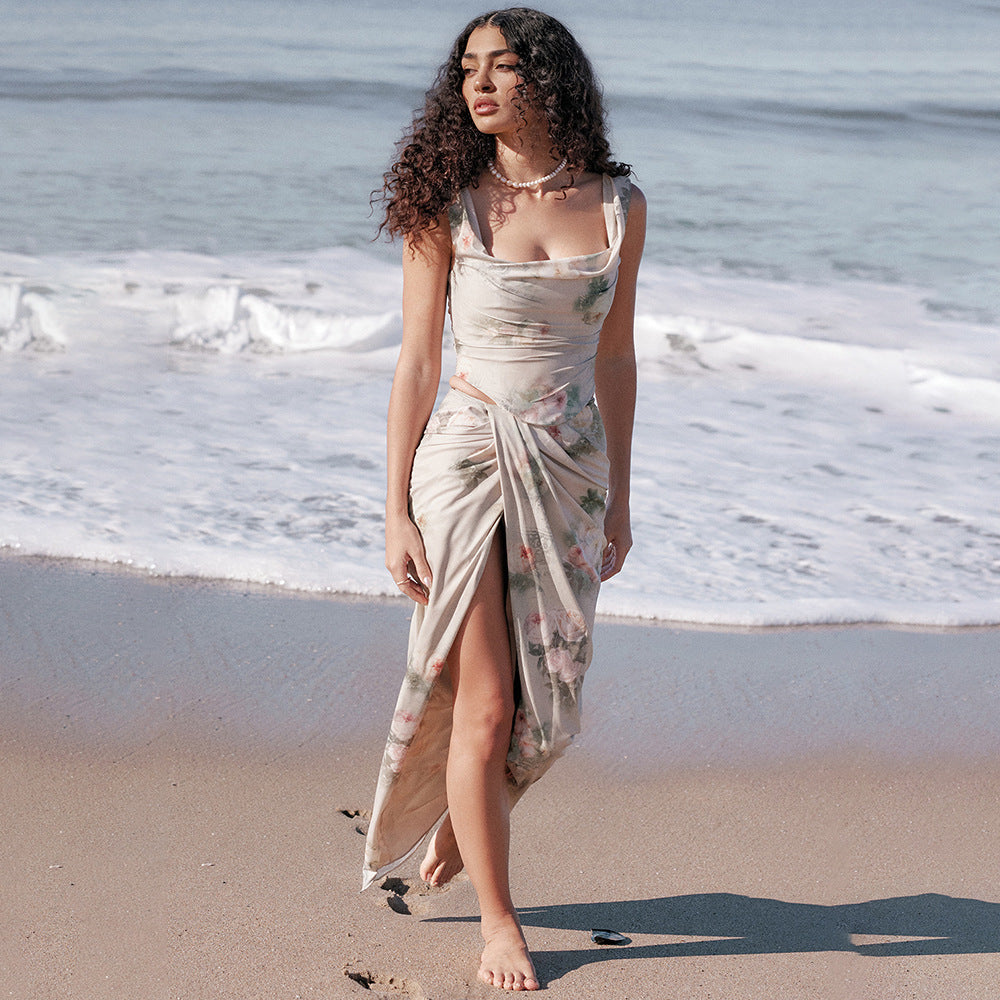 Chiffon Spaghetti Strap Cropped Top Skirt Two Piece Maxi Dress