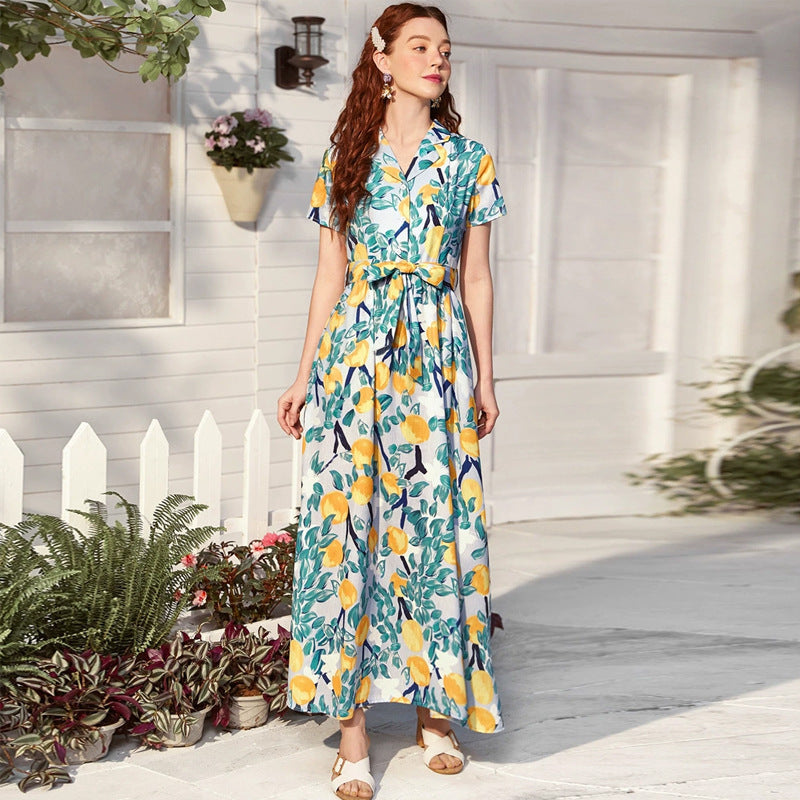 Printed Belted Sweet V-Neck Maxi Dress