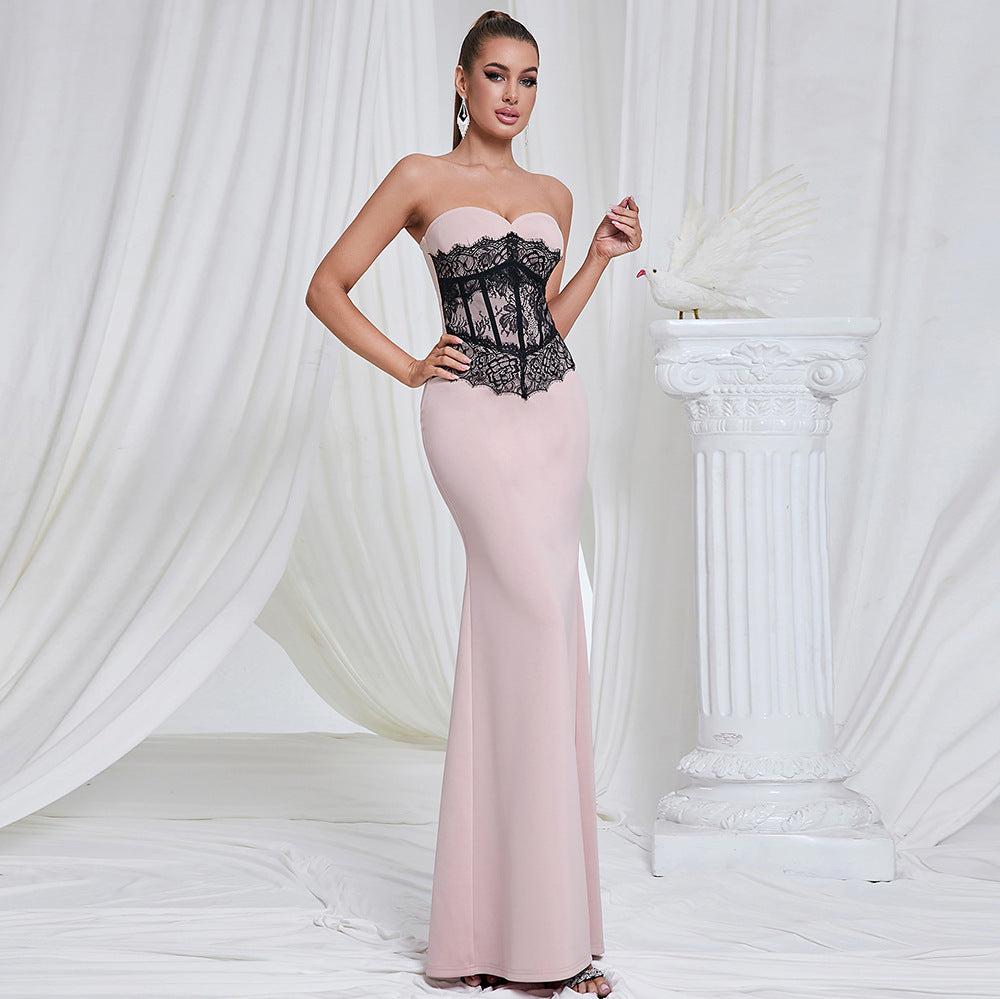 Lace Patchwork Contrast Slim Fit Maxi Dress