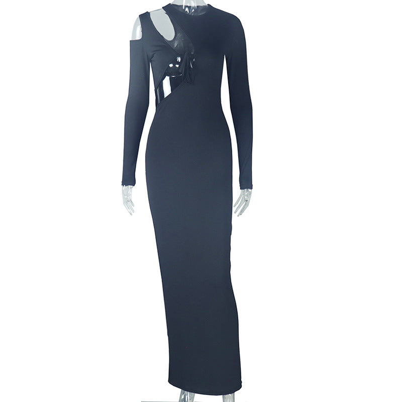Solid Color Tied Asymmetric Long Sleeve Slim Maxi Dress