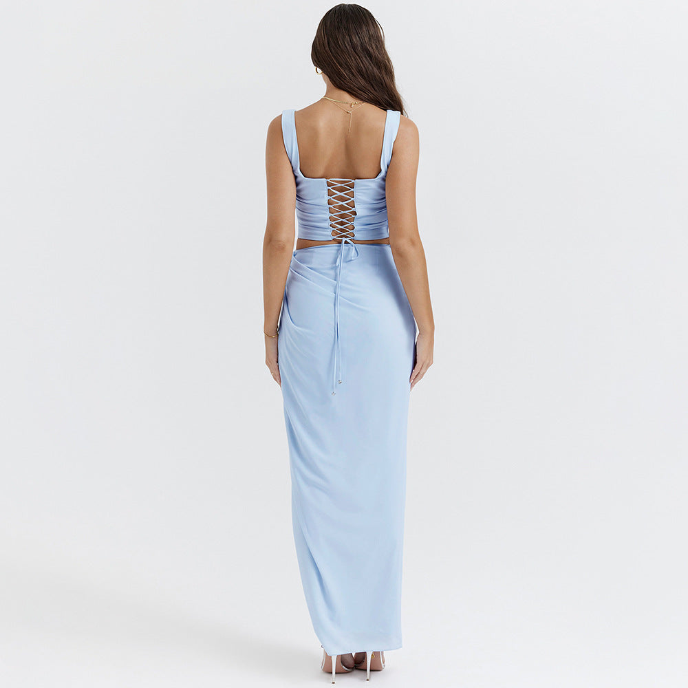 Chiffon Spaghetti Strap Cropped Top Skirt Two Piece Maxi Dress
