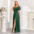 Shiny Tulle Side Slit Prom Maxi Dress