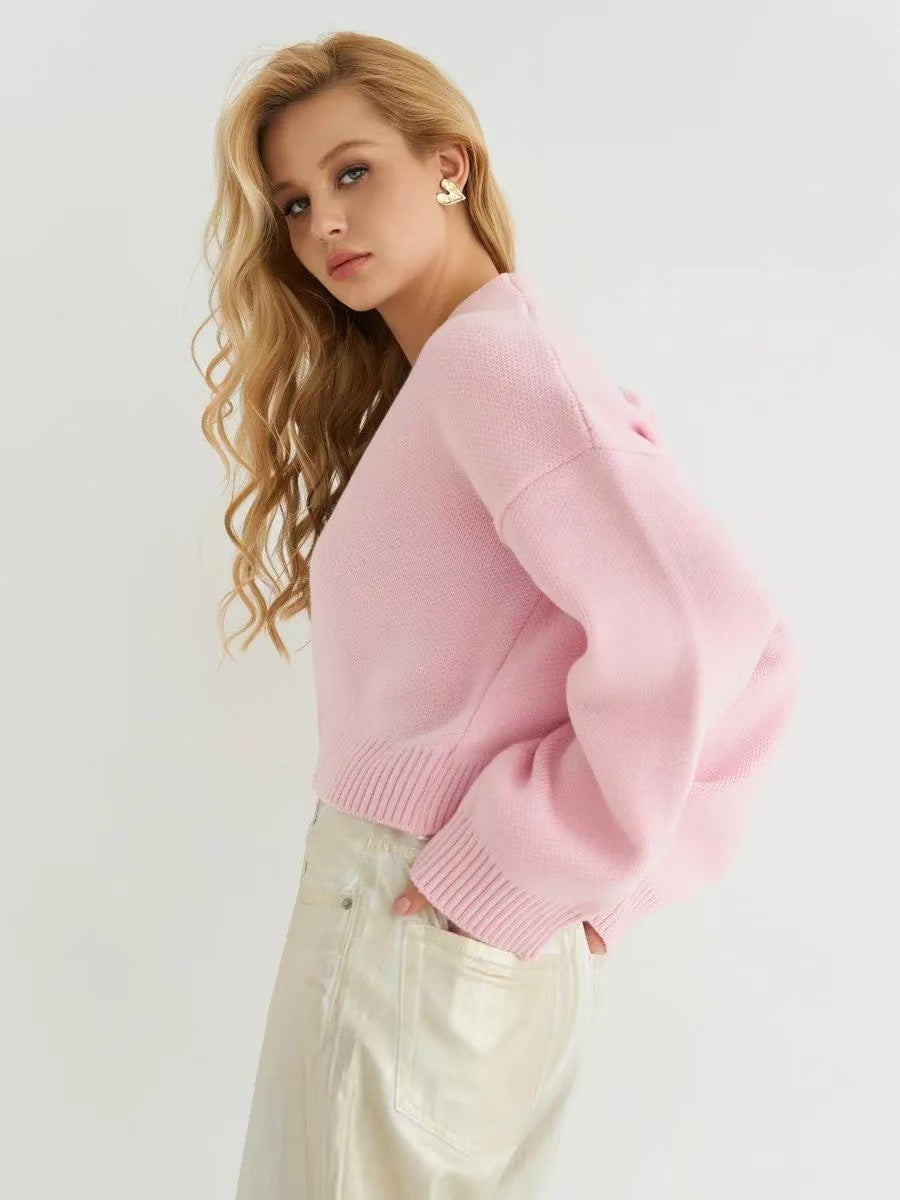Plain V-Neck Relaxed Knit Cardigan