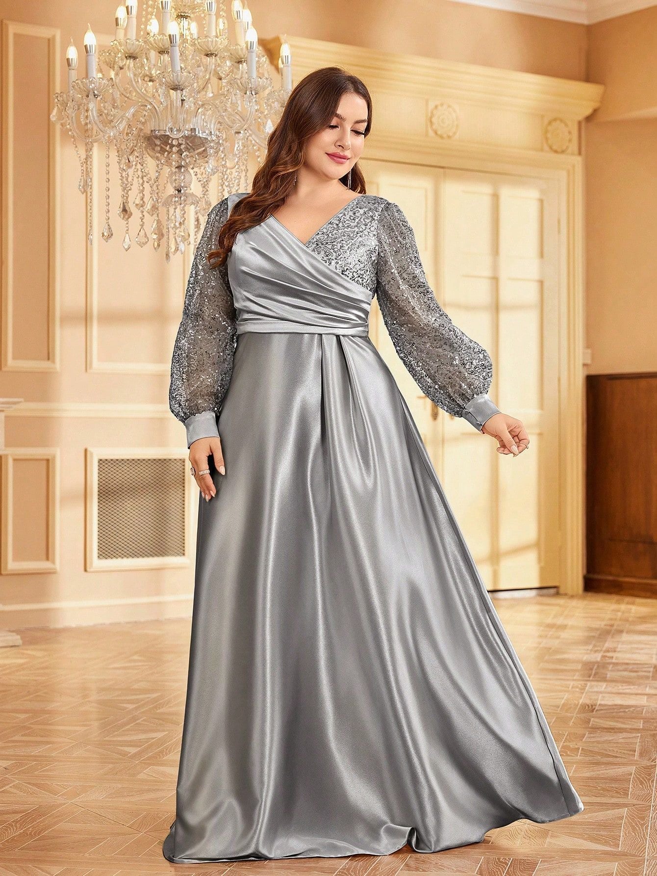 Satin V-Neck Slim Fit Sequin Maxi Dress