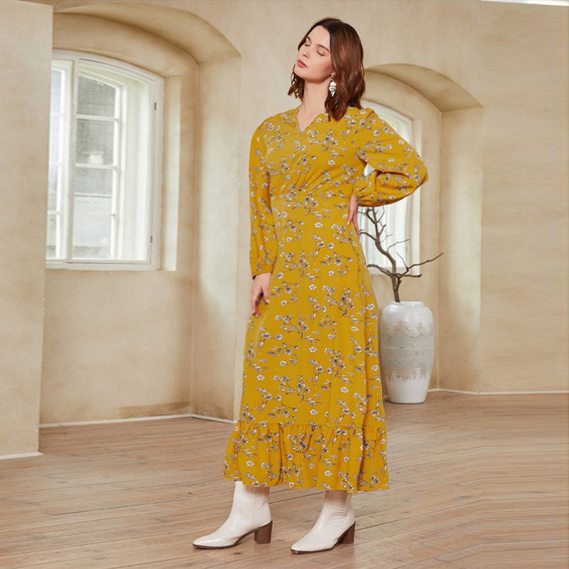 Printed V-Neck Long Sleeve Maxi Dress
