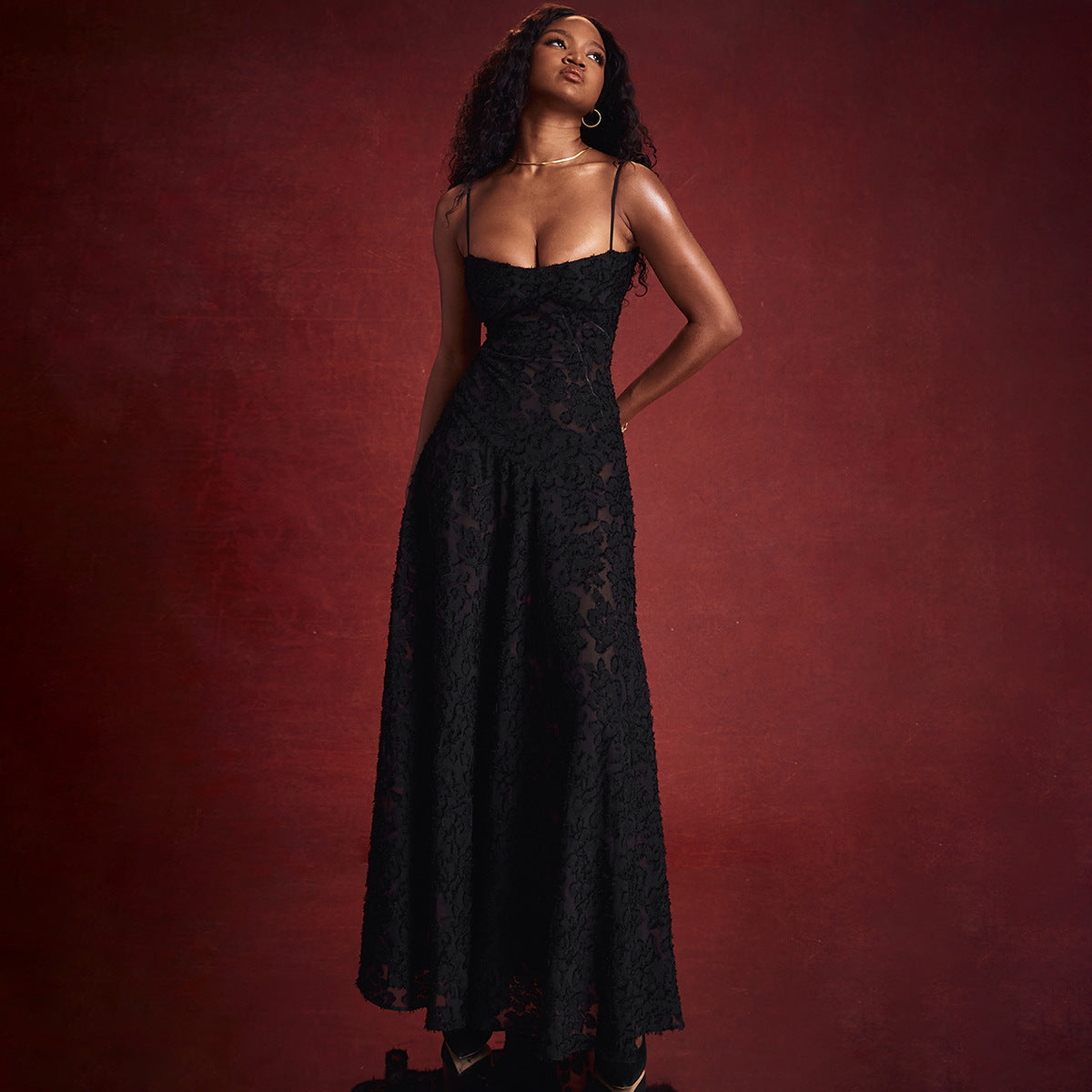 Black Sheer Backless Evening Maxi Dress