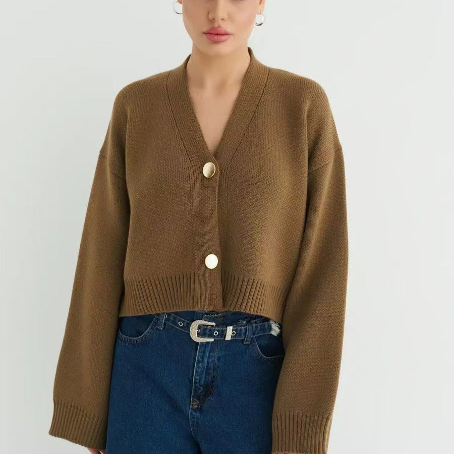 Plain V-Neck Relaxed Knit Cardigan