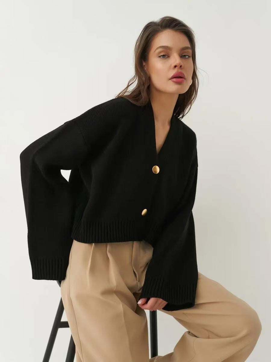 Plain V-Neck Relaxed Knit Cardigan