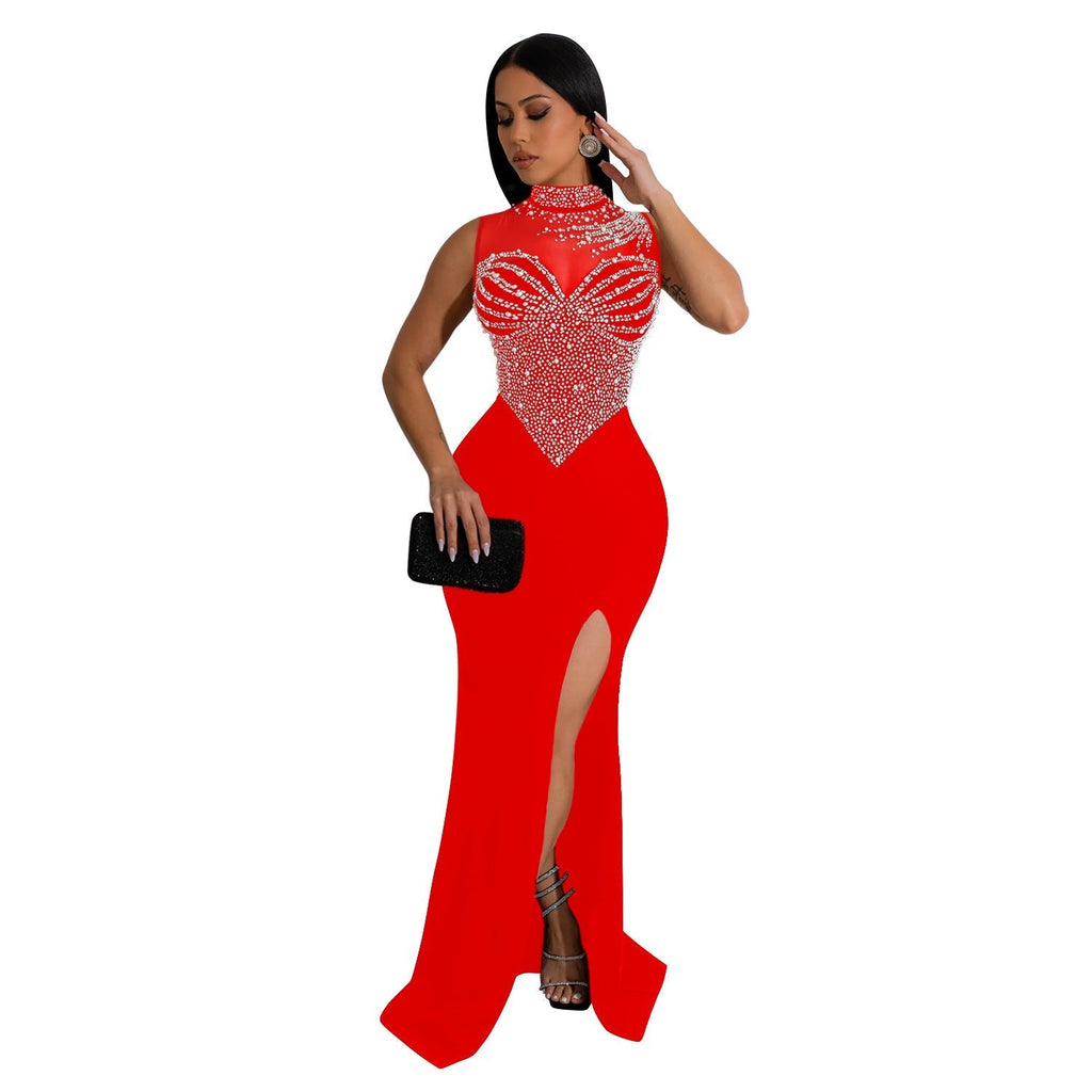 Mesh Rhinestone Sleeveless Maxi Dress