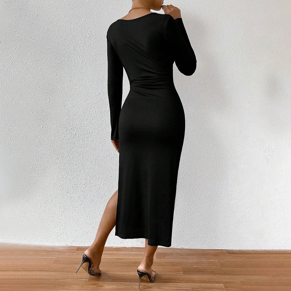French Elegant Square Neck Slit Midi Dress