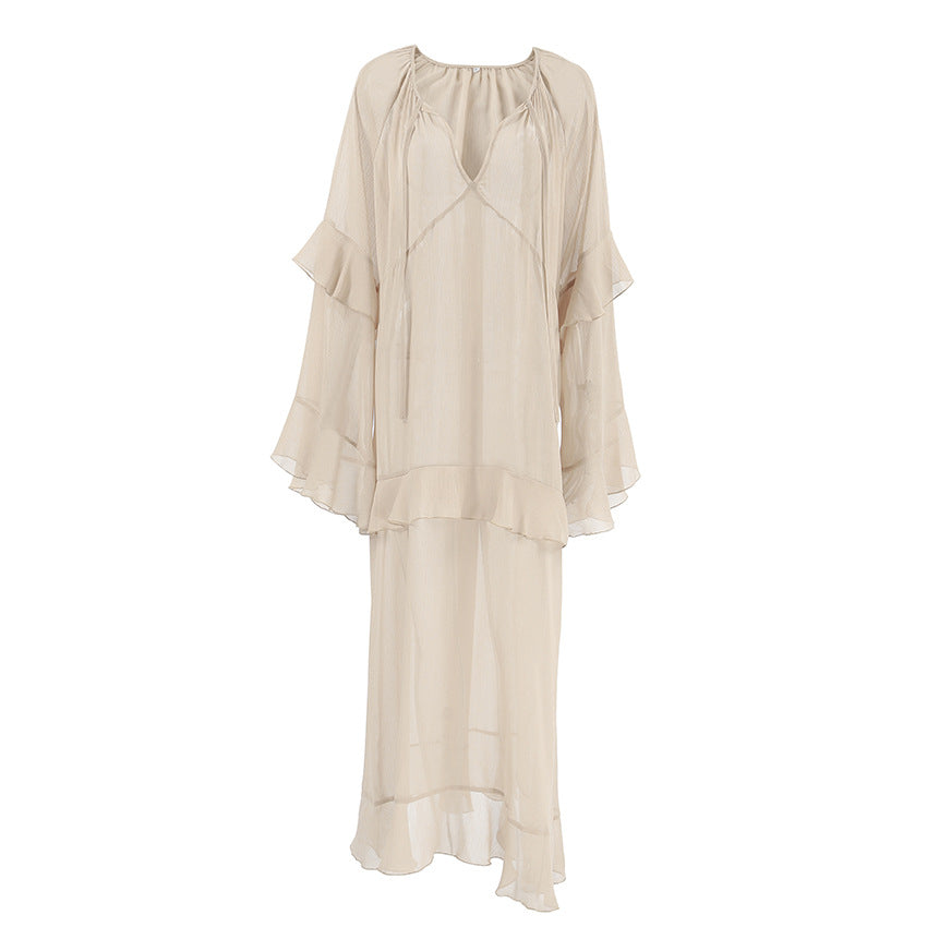 Khaki Batwing Sleeve Sunproof Maxi Dress
